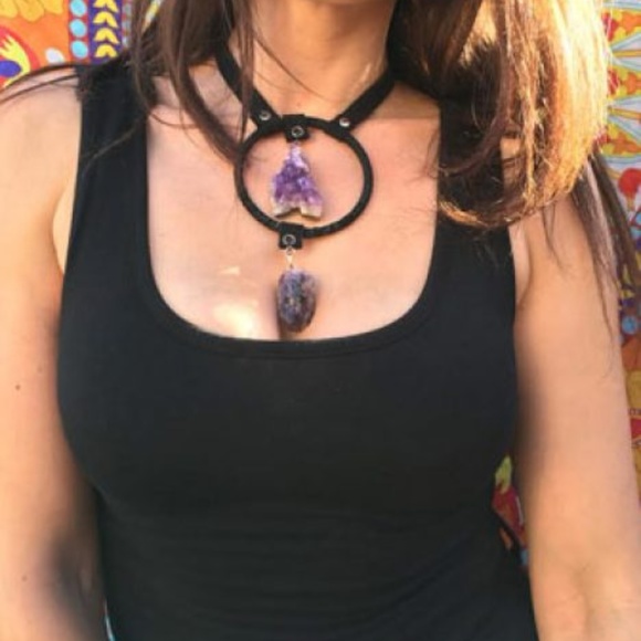 Jewelry - Amethyst and leather double stone  choker necklace